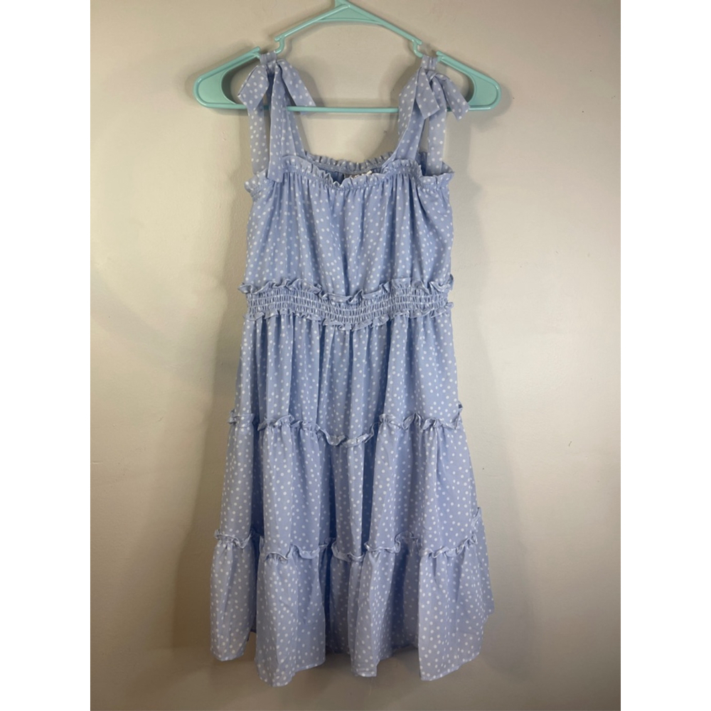 🏷️ Girls Rare Editions Blue White Polka Dot Tiered Mini Dress Size 14 #46